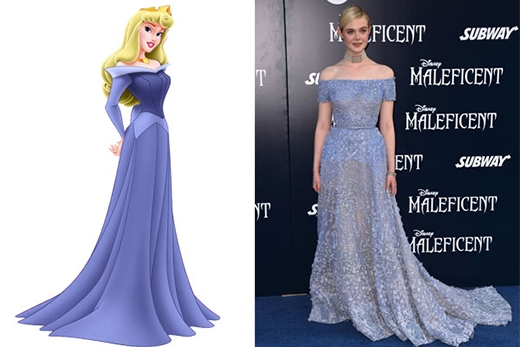 
	
	Bộ đầm Elle Fanning diện trong buổi quảng bá phim Maleficent được cho rằng giống với chiếc đầm dạ hội của công chúa Aurora trong phim Người đẹp ngủ trong rừng.